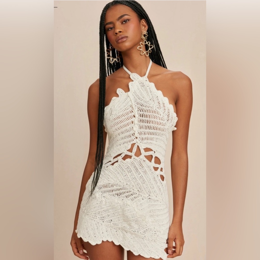 Cult Gaia Cream Crochet Halter Mini Dress